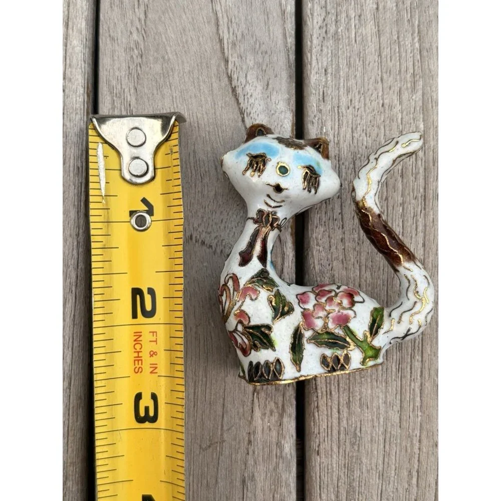 Cloisonne Brass Enamel Persian Cat Kitten Gold Trim Pink Blue Flowers 3” - Picture 6 of 6